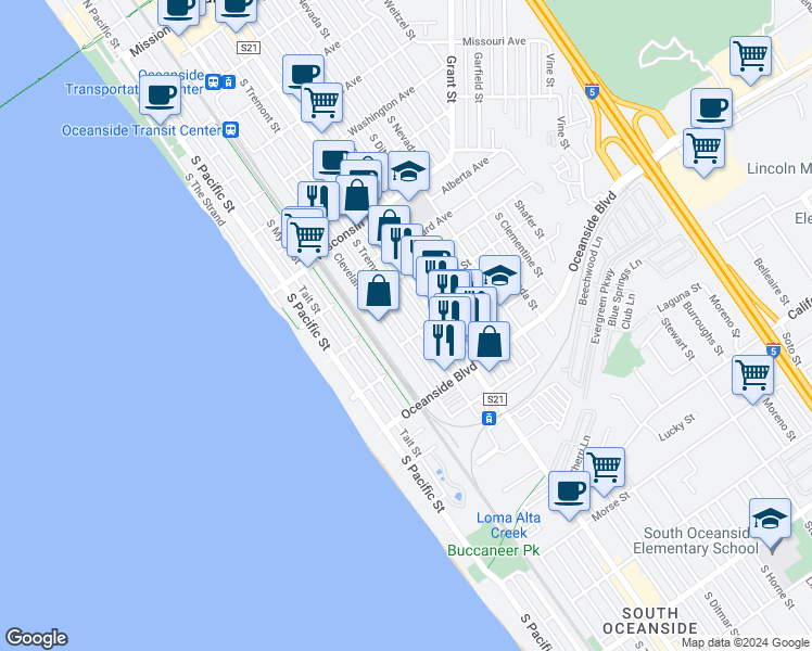 map of restaurants, bars, coffee shops, grocery stores, and more near 1046 South Cleveland Street in Oceanside