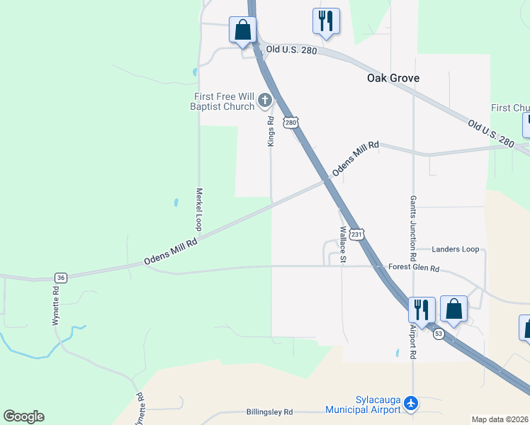 map of restaurants, bars, coffee shops, grocery stores, and more near 907 Cherokee Drive in Sylacauga