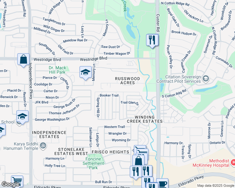 map of restaurants, bars, coffee shops, grocery stores, and more near 15660 Booker Trail in Frisco