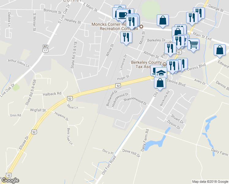 map of restaurants, bars, coffee shops, grocery stores, and more near 558 Birchwood Drive in Moncks Corner
