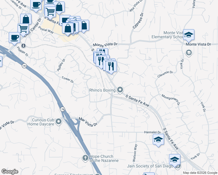 map of restaurants, bars, coffee shops, grocery stores, and more near 1374 Palo Verde Way in Vista