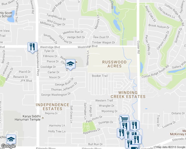 map of restaurants, bars, coffee shops, grocery stores, and more near 15468 Booker Trail in Frisco