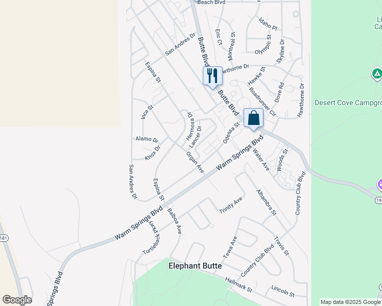 map of restaurants, bars, coffee shops, grocery stores, and more near 313 Organ Avenue in Elephant Butte