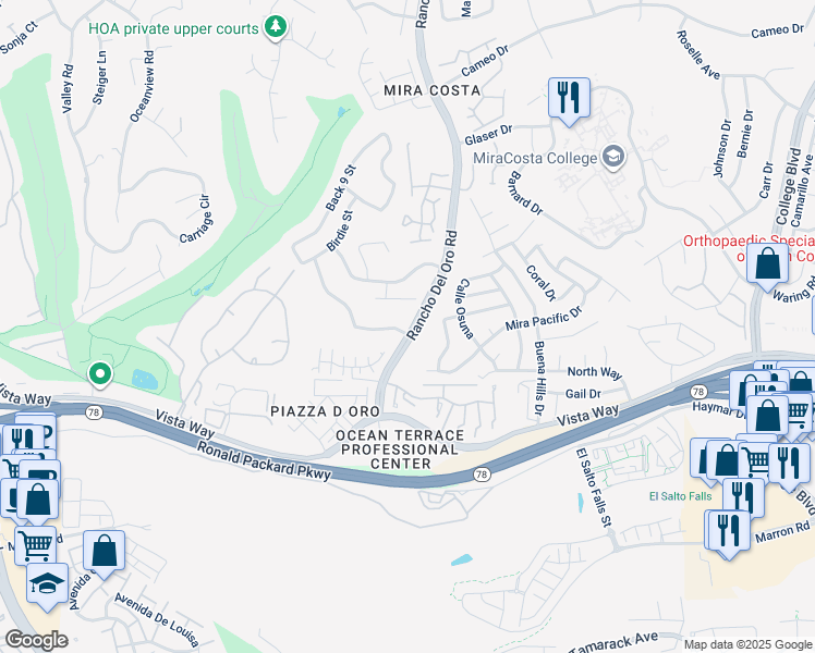 map of restaurants, bars, coffee shops, grocery stores, and more near 3398 Golfers Drive in Oceanside