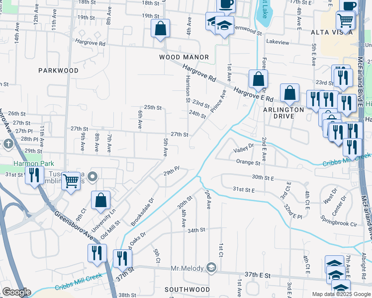 map of restaurants, bars, coffee shops, grocery stores, and more near 406 Prince Acres in Tuscaloosa