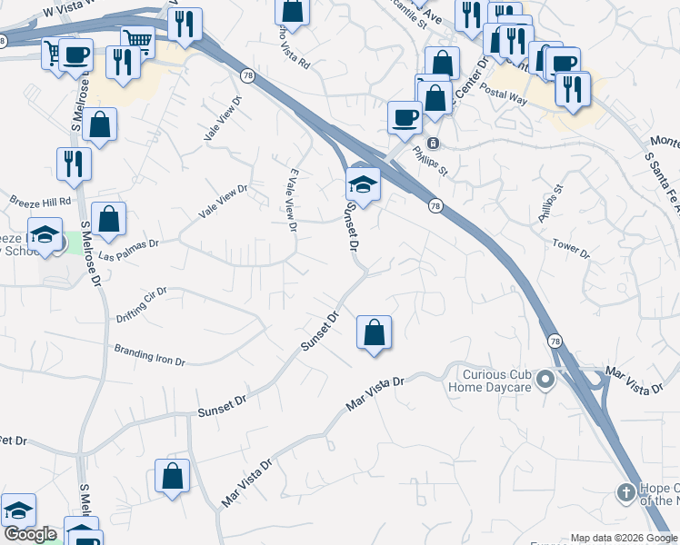 map of restaurants, bars, coffee shops, grocery stores, and more near 667 Sunset Drive in Vista