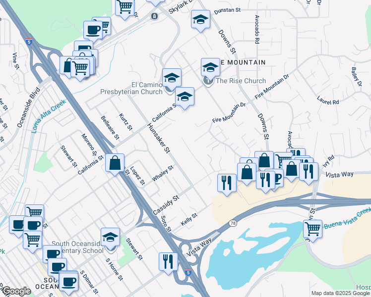 map of restaurants, bars, coffee shops, grocery stores, and more near 1751 Woodbine Place in Oceanside