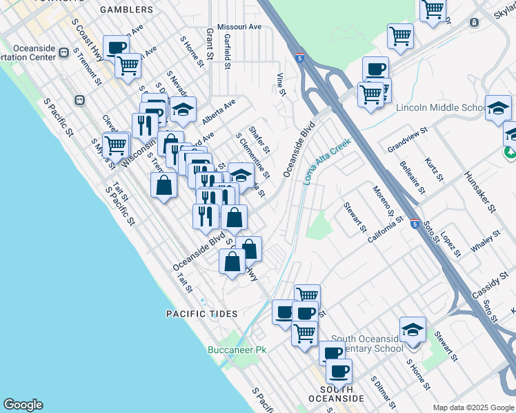 map of restaurants, bars, coffee shops, grocery stores, and more near 707 Oceanside Boulevard in Oceanside