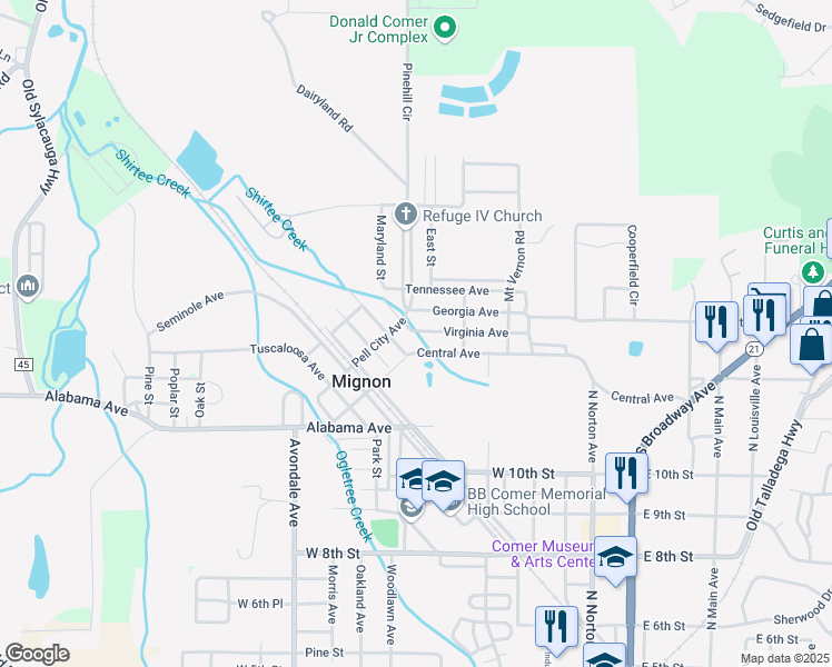 map of restaurants, bars, coffee shops, grocery stores, and more near 13 Creek Street in Sylacauga