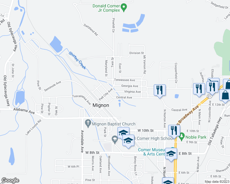 map of restaurants, bars, coffee shops, grocery stores, and more near 13 Creek Street in Sylacauga