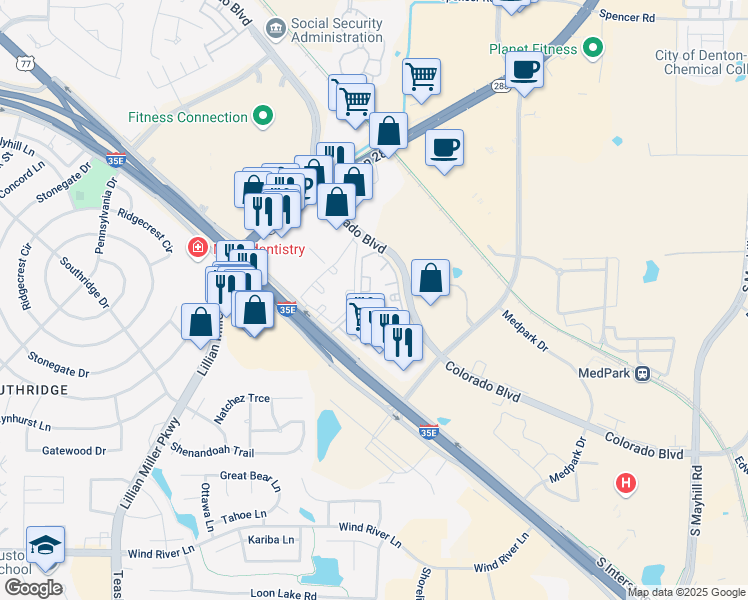 map of restaurants, bars, coffee shops, grocery stores, and more near 2801 Interstate 35 Frontage Road in Denton