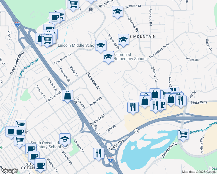 map of restaurants, bars, coffee shops, grocery stores, and more near 1739 Woodbine Place in Oceanside