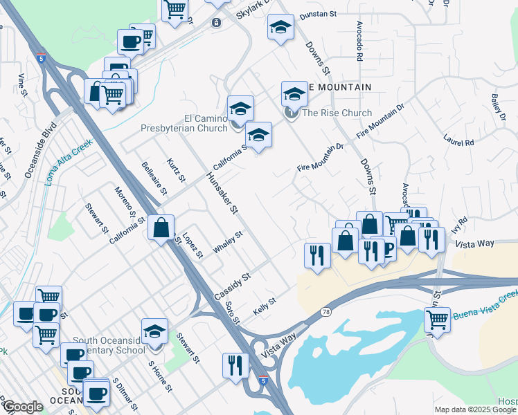 map of restaurants, bars, coffee shops, grocery stores, and more near 1751 Woodbine Place in Oceanside