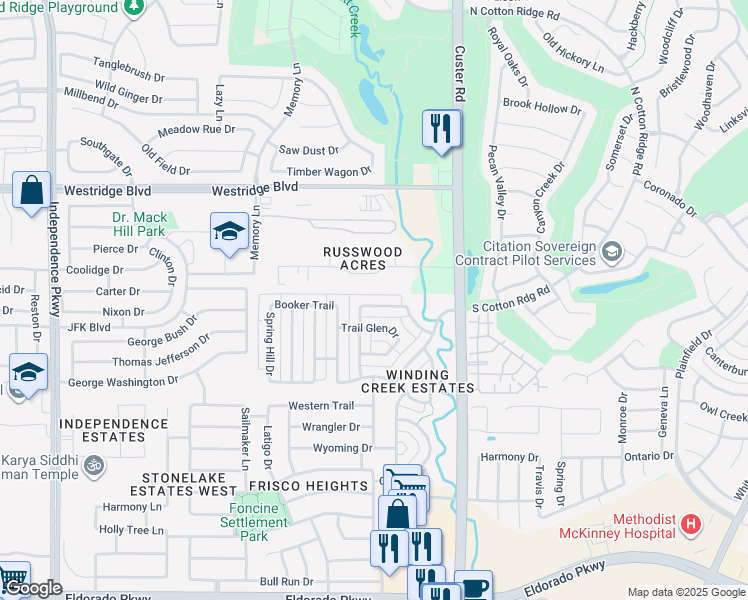 map of restaurants, bars, coffee shops, grocery stores, and more near 15866 Willowbrook Lane in Frisco