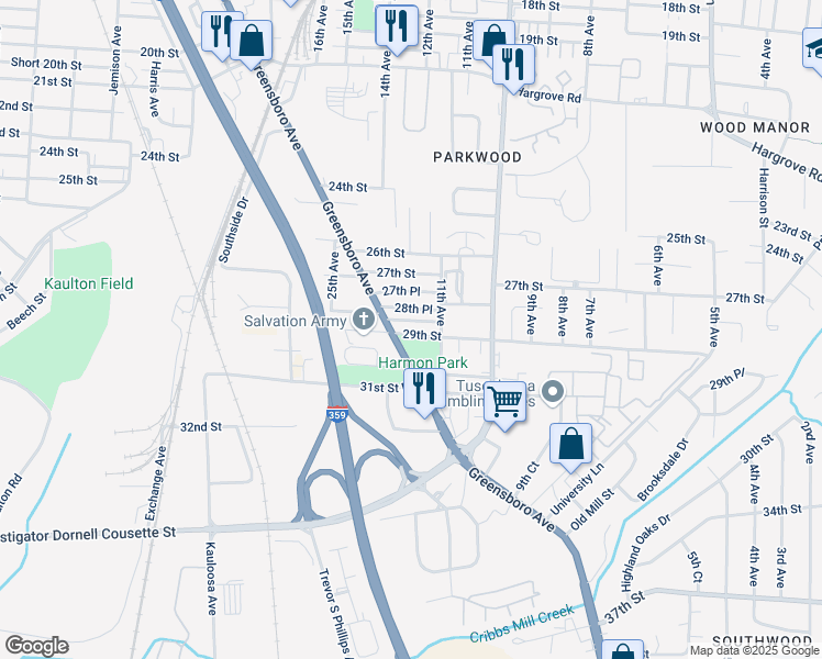 map of restaurants, bars, coffee shops, grocery stores, and more near 2901 Greensboro Avenue in Tuscaloosa