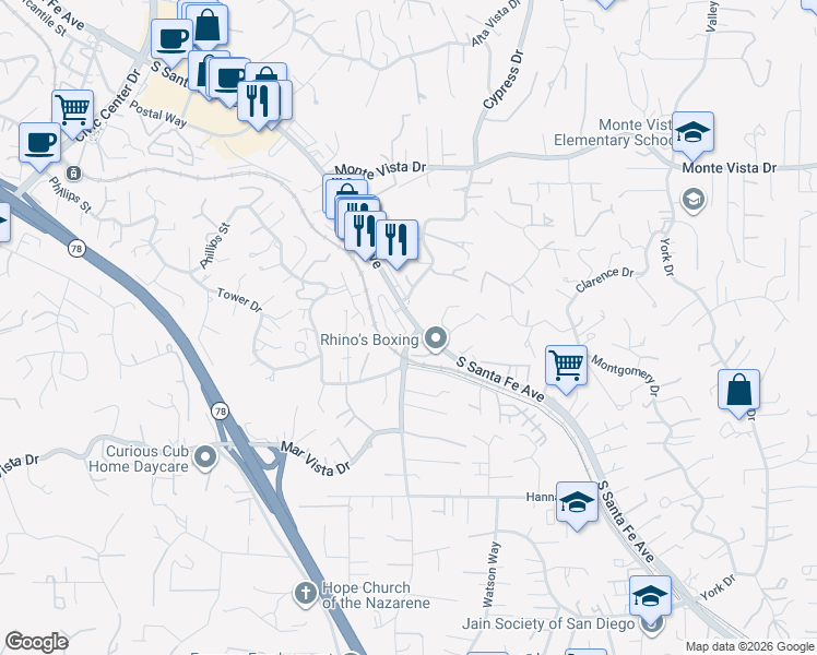 map of restaurants, bars, coffee shops, grocery stores, and more near 1384 Mesquite Drive in Vista