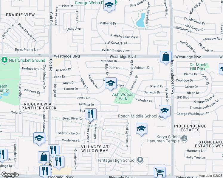 map of restaurants, bars, coffee shops, grocery stores, and more near 2301 Eden Drive in McKinney