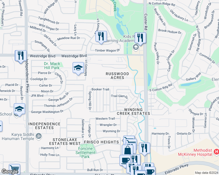 map of restaurants, bars, coffee shops, grocery stores, and more near 15684 Booker Trail in Frisco