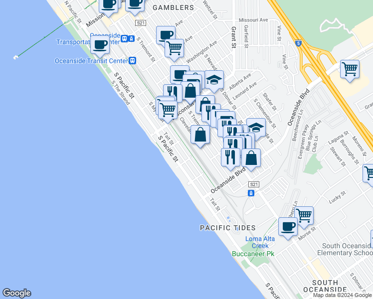 map of restaurants, bars, coffee shops, grocery stores, and more near 922 South Myers Street in Oceanside