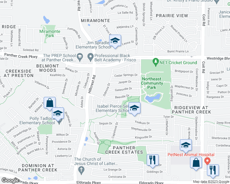 map of restaurants, bars, coffee shops, grocery stores, and more near 11403 Gatesville Drive in Frisco