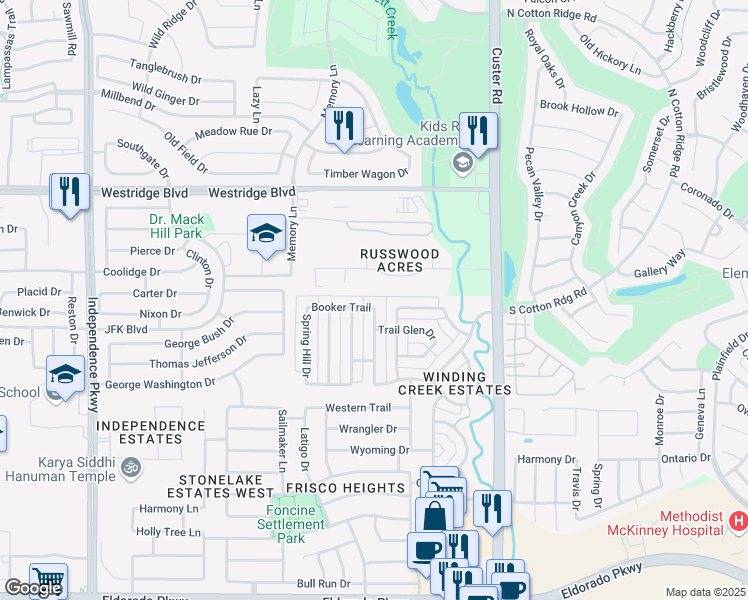 map of restaurants, bars, coffee shops, grocery stores, and more near 15684 Booker Trail in Frisco
