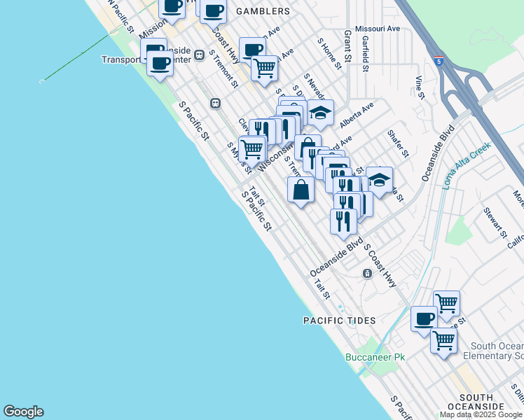 map of restaurants, bars, coffee shops, grocery stores, and more near 920 South Pacific Street in Oceanside