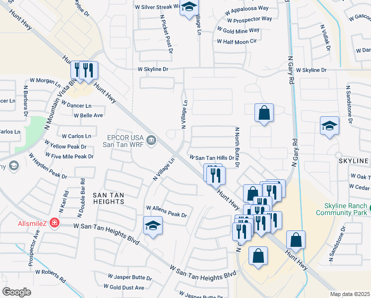 map of restaurants, bars, coffee shops, grocery stores, and more near 2293 West San Tan Hills Drive in Queen Creek