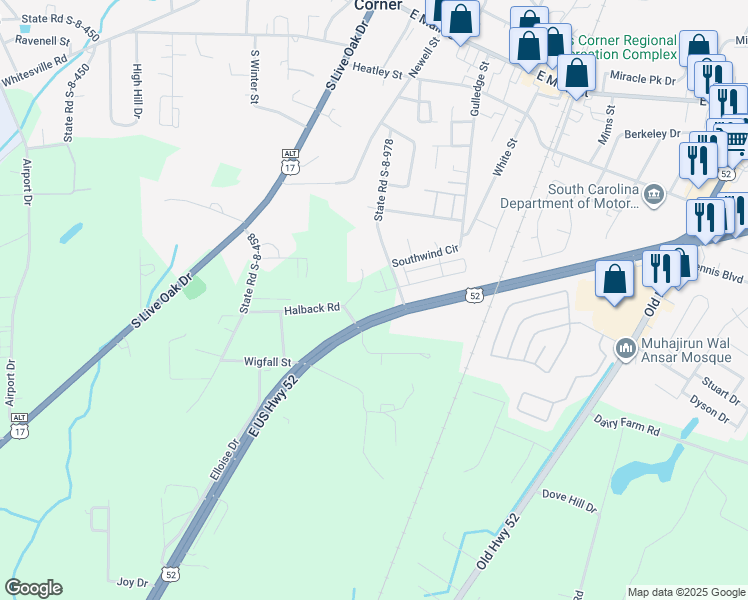 map of restaurants, bars, coffee shops, grocery stores, and more near 121 Marigny Street in Moncks Corner