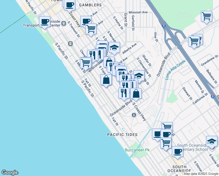 map of restaurants, bars, coffee shops, grocery stores, and more near 1046 Cleveland Street in Oceanside