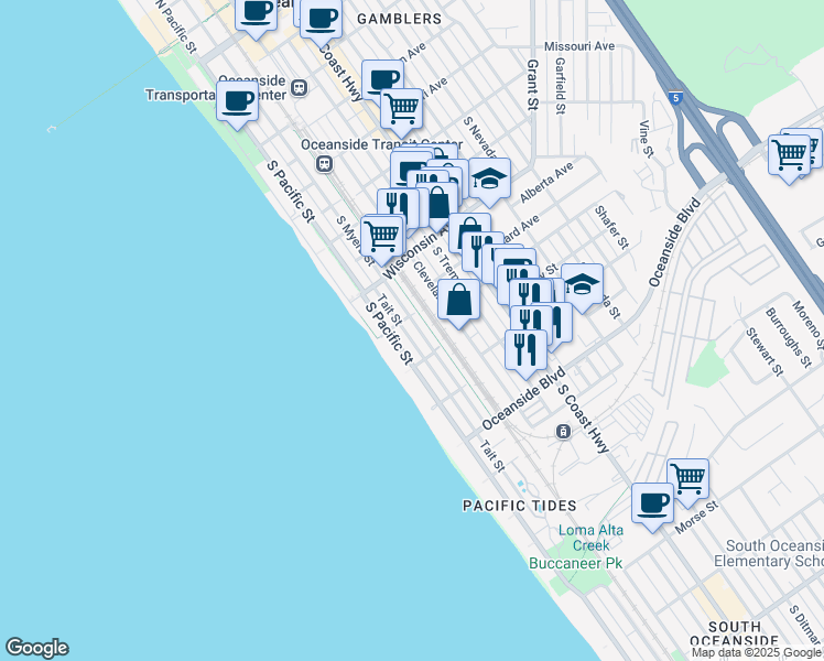 map of restaurants, bars, coffee shops, grocery stores, and more near 920 South Pacific Street in Oceanside