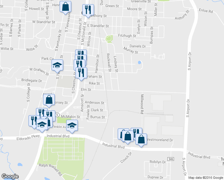 map of restaurants, bars, coffee shops, grocery stores, and more near 805 Elm Street in McKinney
