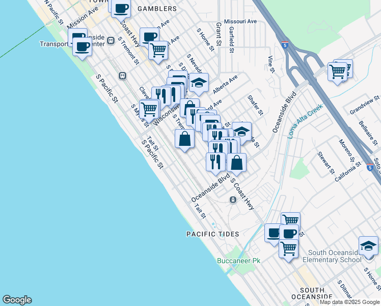 map of restaurants, bars, coffee shops, grocery stores, and more near 346 Eucalyptus Street in Oceanside