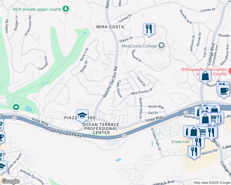map of restaurants, bars, coffee shops, grocery stores, and more near 3529 Santa Maria Street in Oceanside