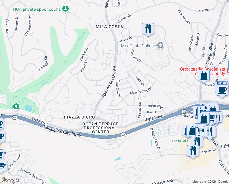 map of restaurants, bars, coffee shops, grocery stores, and more near 3529 Santa Maria Street in Oceanside