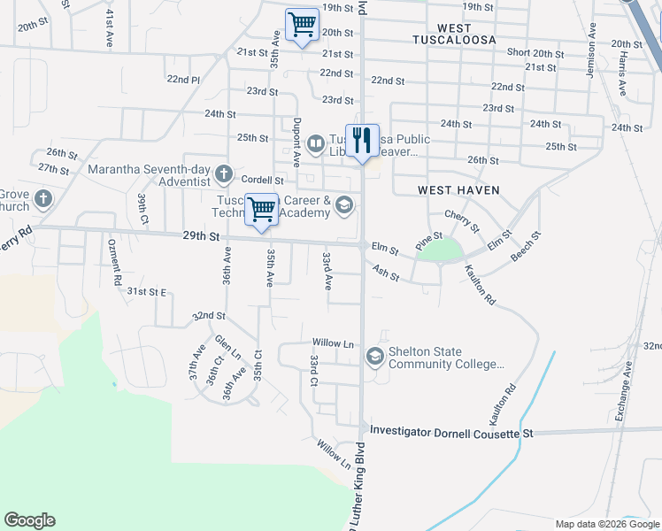 map of restaurants, bars, coffee shops, grocery stores, and more near 3015 33rd Avenue in Tuscaloosa