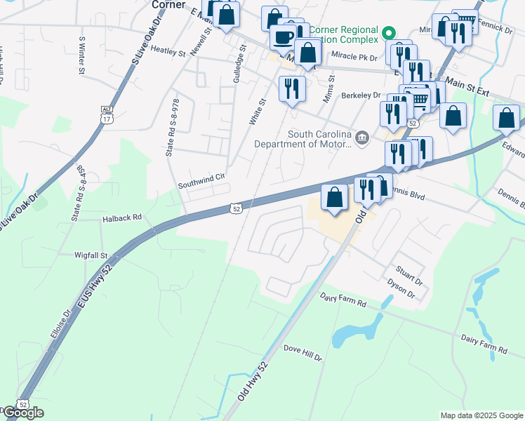 map of restaurants, bars, coffee shops, grocery stores, and more near 560 Birchwood Drive in Moncks Corner