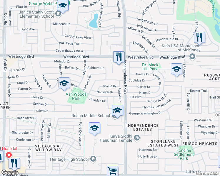 map of restaurants, bars, coffee shops, grocery stores, and more near 10137 Placid Drive in McKinney