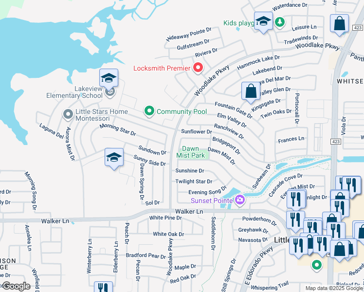 map of restaurants, bars, coffee shops, grocery stores, and more near 2318 Morning Dew Drive in Little Elm