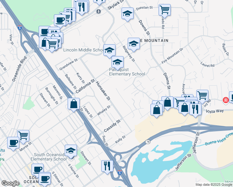 map of restaurants, bars, coffee shops, grocery stores, and more near 1735 Woodbine Place in Oceanside