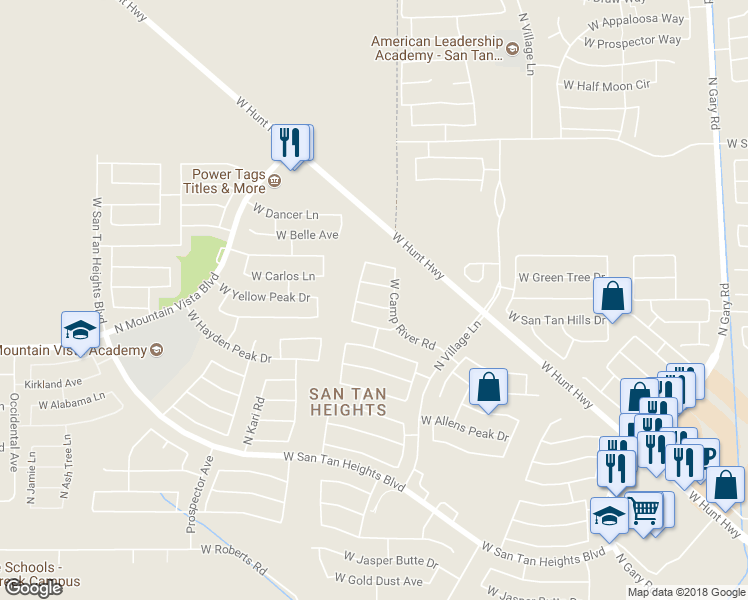 map of restaurants, bars, coffee shops, grocery stores, and more near 2814 West Yellow Peak Drive in Queen Creek
