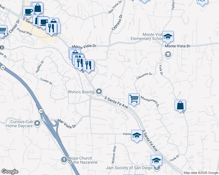 map of restaurants, bars, coffee shops, grocery stores, and more near 1320 Morning Glory Place in Vista