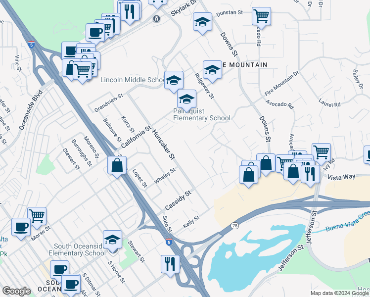 map of restaurants, bars, coffee shops, grocery stores, and more near 1735 Woodbine Place in Oceanside