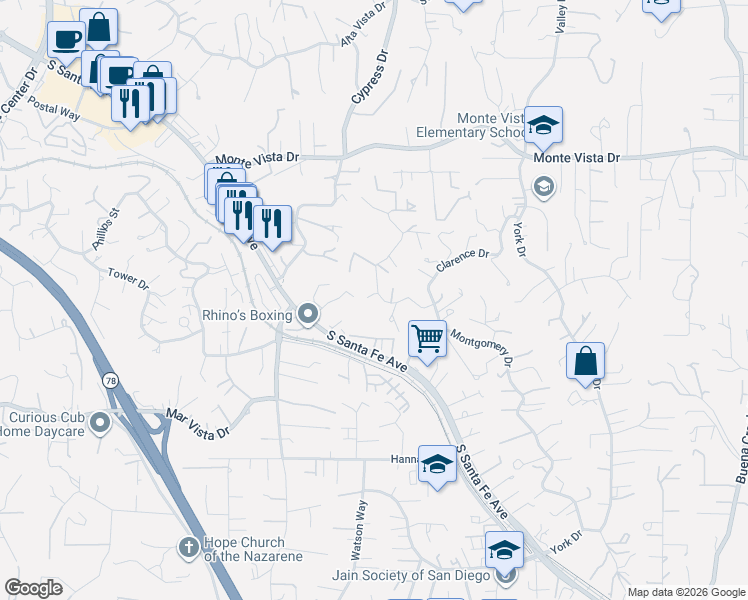 map of restaurants, bars, coffee shops, grocery stores, and more near 1315 Barbara Drive in Vista