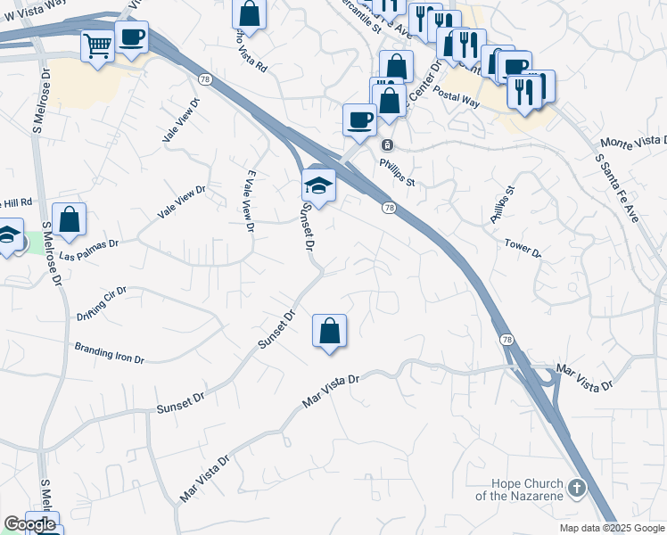 map of restaurants, bars, coffee shops, grocery stores, and more near 638 Sunset Drive in Vista