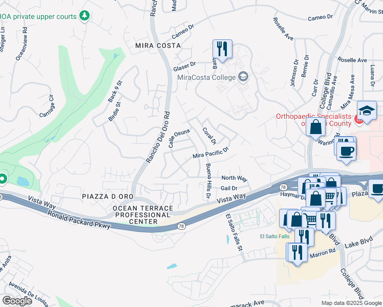map of restaurants, bars, coffee shops, grocery stores, and more near 3257 Isabella Drive in Oceanside