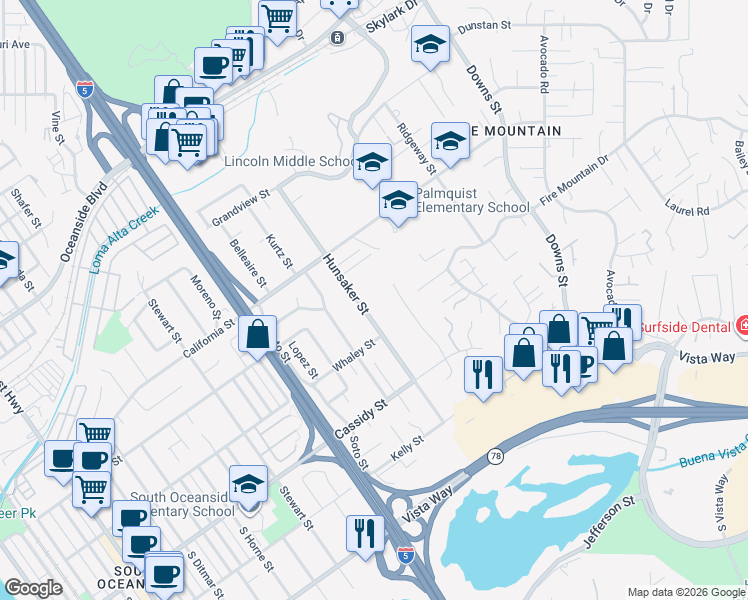 map of restaurants, bars, coffee shops, grocery stores, and more near 1629 Hunsaker Street in Oceanside