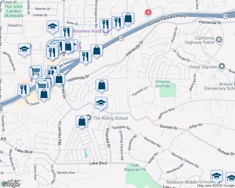 map of restaurants, bars, coffee shops, grocery stores, and more near 1937 Sunset Drive in Vista