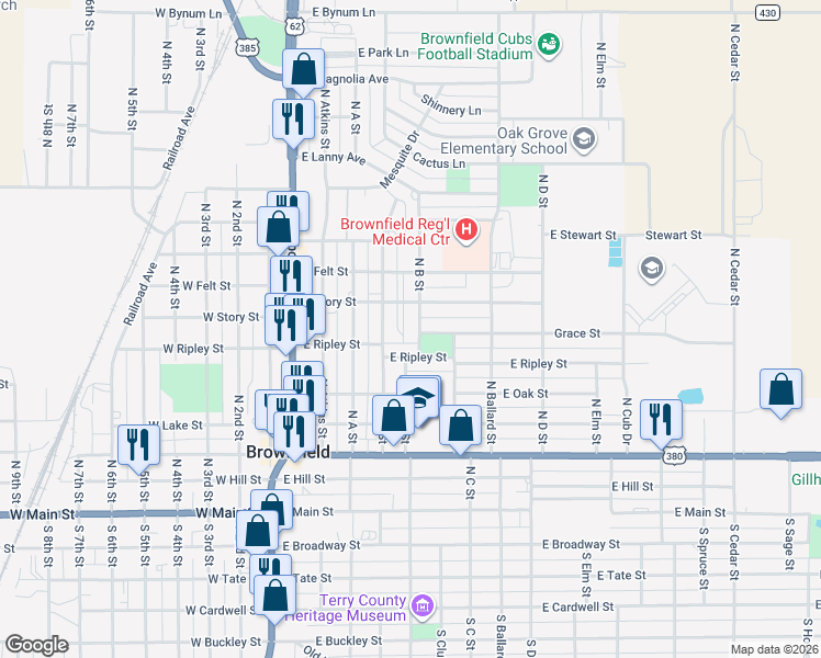 map of restaurants, bars, coffee shops, grocery stores, and more near 501-599 East Ripley Street in Brownfield