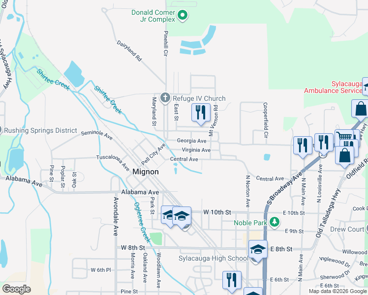 map of restaurants, bars, coffee shops, grocery stores, and more near 50 Central Avenue in Sylacauga