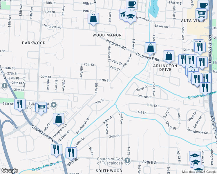 map of restaurants, bars, coffee shops, grocery stores, and more near 406 Prince Acres in Tuscaloosa
